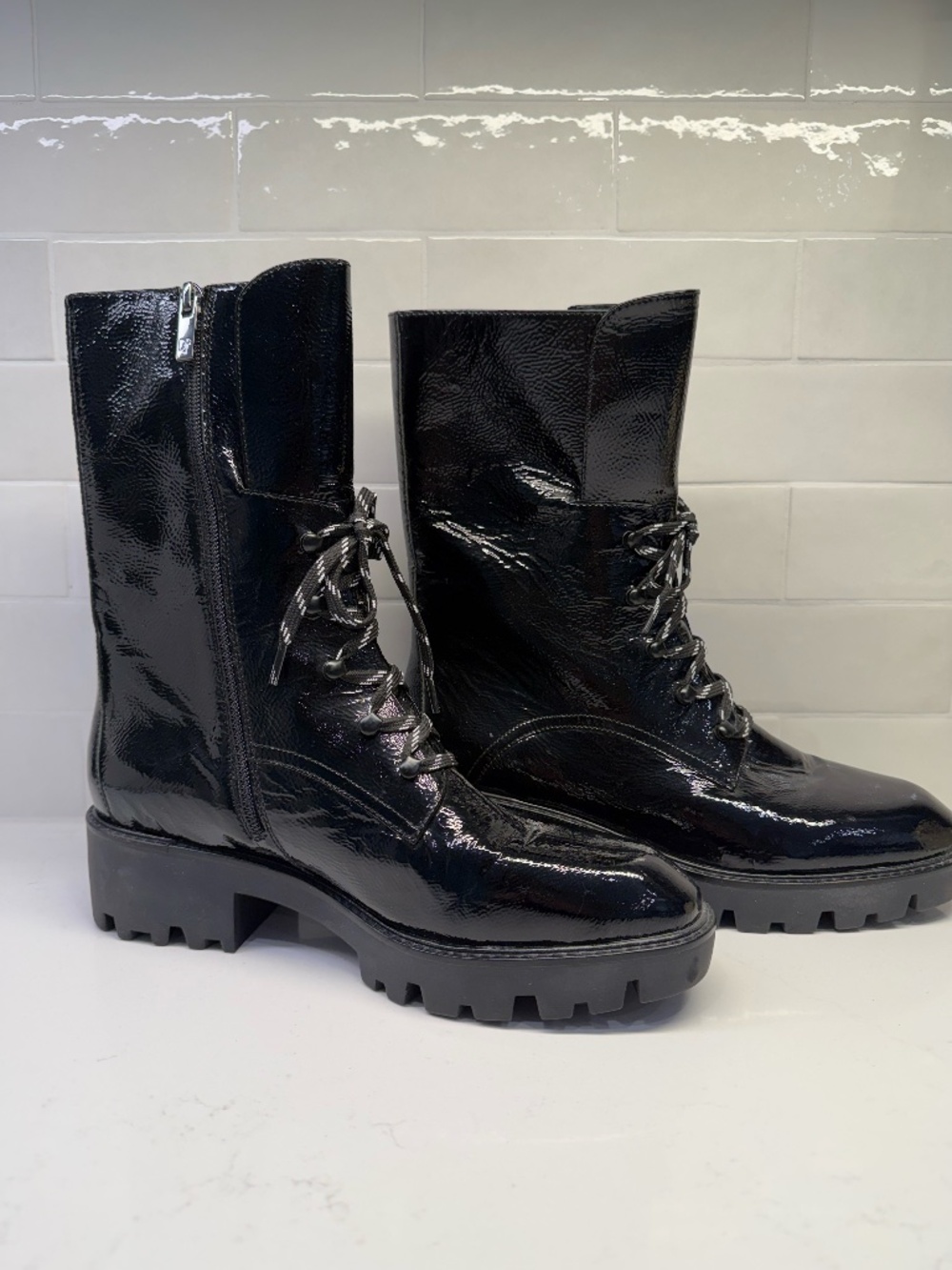 Donald J. Pliner Black Patent Leather Combat Boots Size 8.5